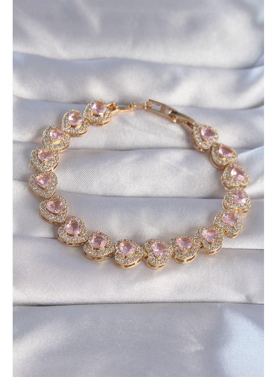 Vip Seri Pirinç Gold Renk Pembe Zirkon Taşlı Kalp Tasarımlı Bileklik