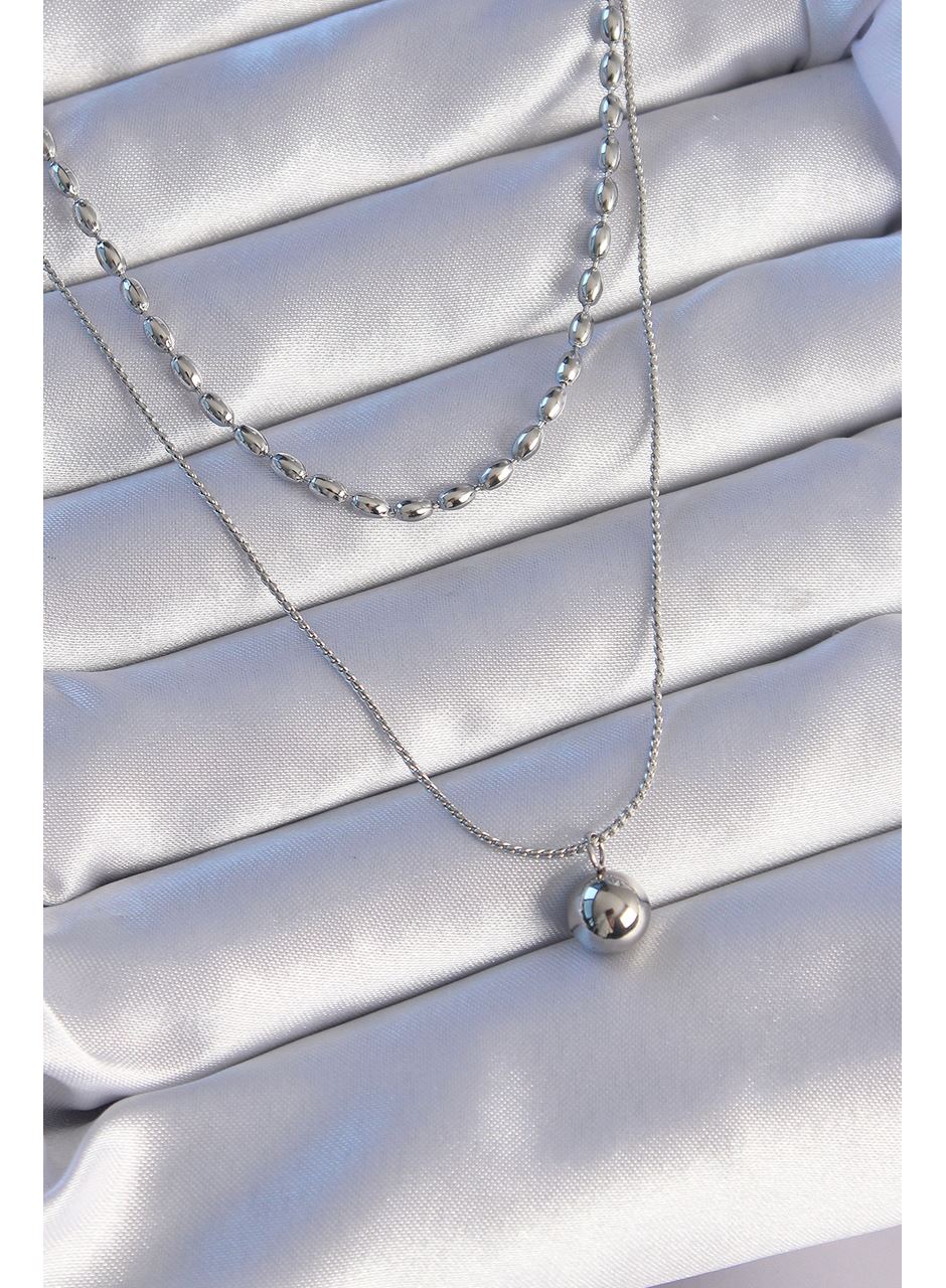 316L Çelik Çift Zincirli Gümüş Renk Topçuk Model Kolye