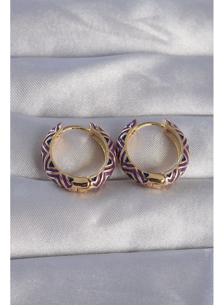 Pirinç Gold Renk Mor Etnik Desenli Halka Küpe
