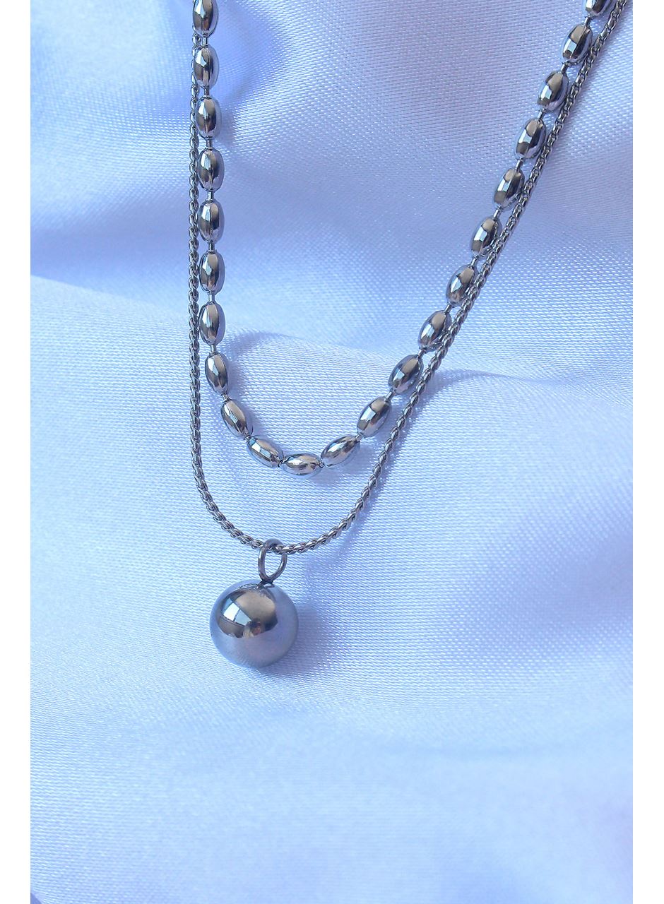 316L Çelik Çift Zincirli Gümüş Renk Topçuk Model Kolye