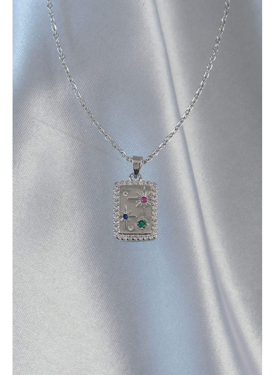 316L Çelik Zincir Gümüş Renk Renkli Zirkon Taşlı Vintage Kolye