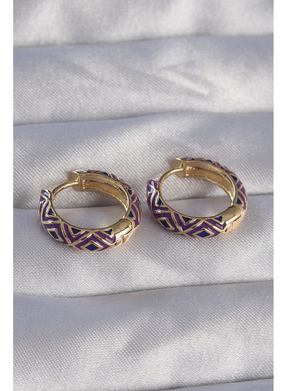 Pirinç Gold Renk Mor Etnik Desenli Halka Küpe