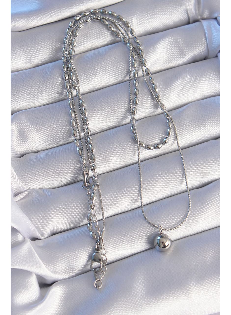 316L Çelik Çift Zincirli Gümüş Renk Topçuk Model Kolye