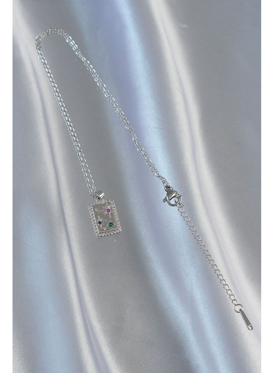 316L Çelik Zincir Gümüş Renk Renkli Zirkon Taşlı Vintage Kolye