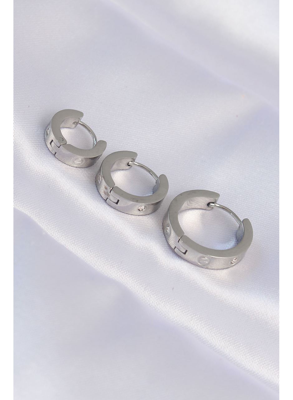 316L Çelik Gümüş Renk Zirkon Taşlı Model 3lü Halka Küpe