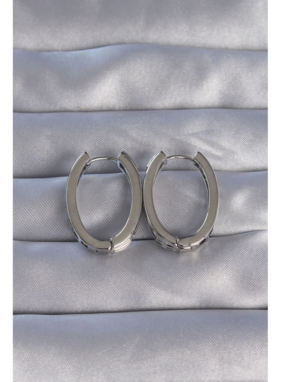 Pirinç Gümüş Renk Zirkon Taşlı Oval Model Küpe