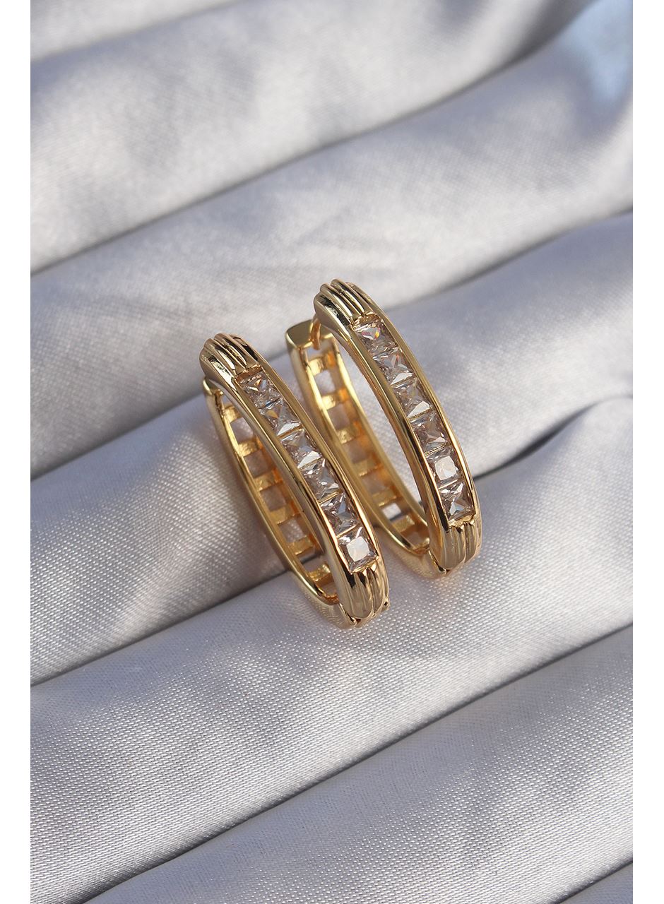 Pirinç Gold Renk Zirkon Taşlı Oval Model Küpe