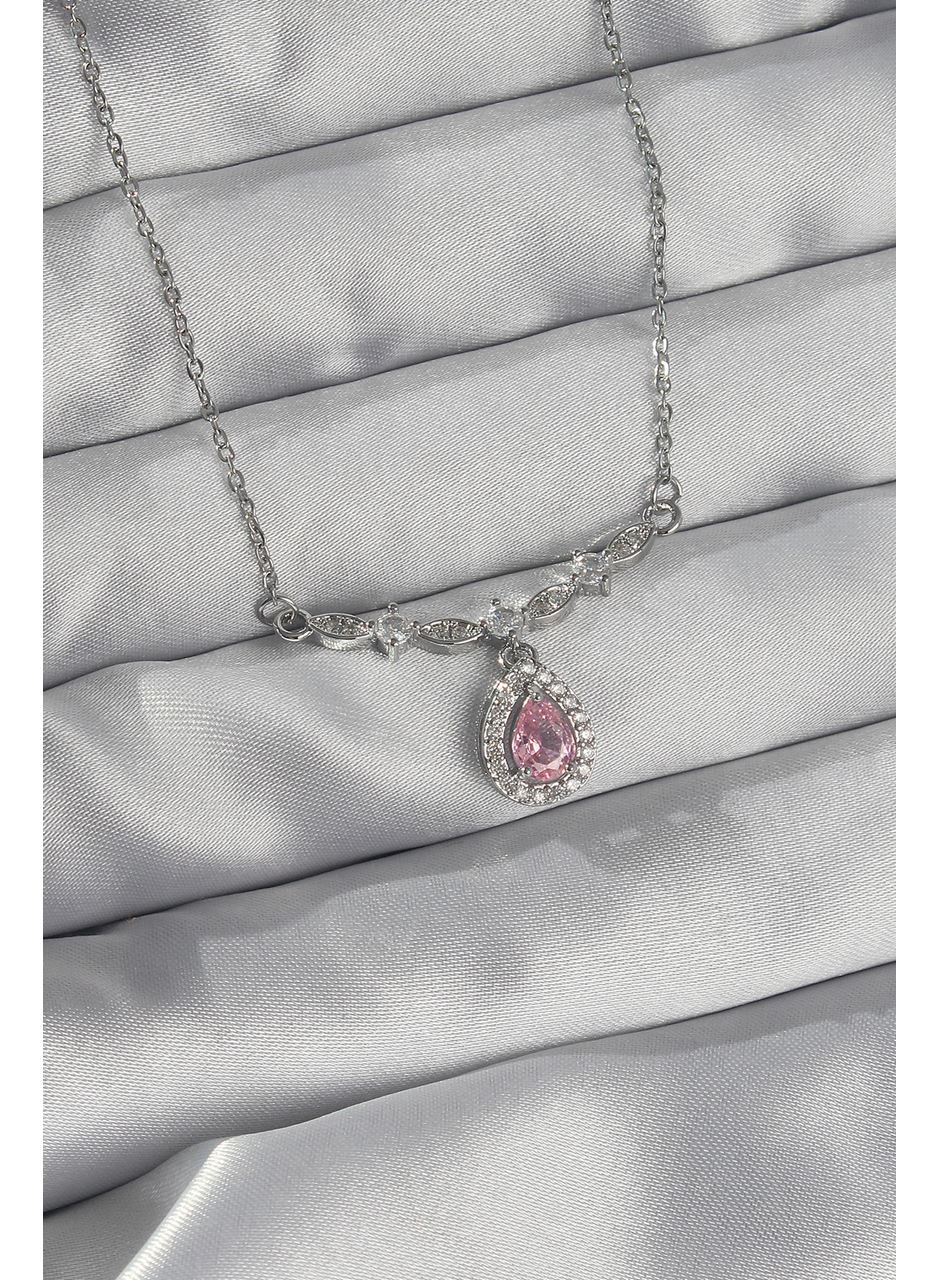 316L Çelik Gümüş Renk Pembe Zirkon Taşlı Damla Kolye