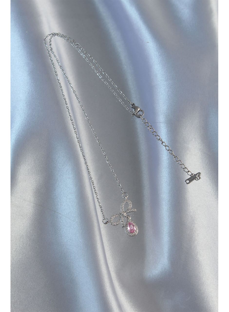 316L Çelik Gümüş Renk Pembe Zirkon Taşlı Damla Kolye