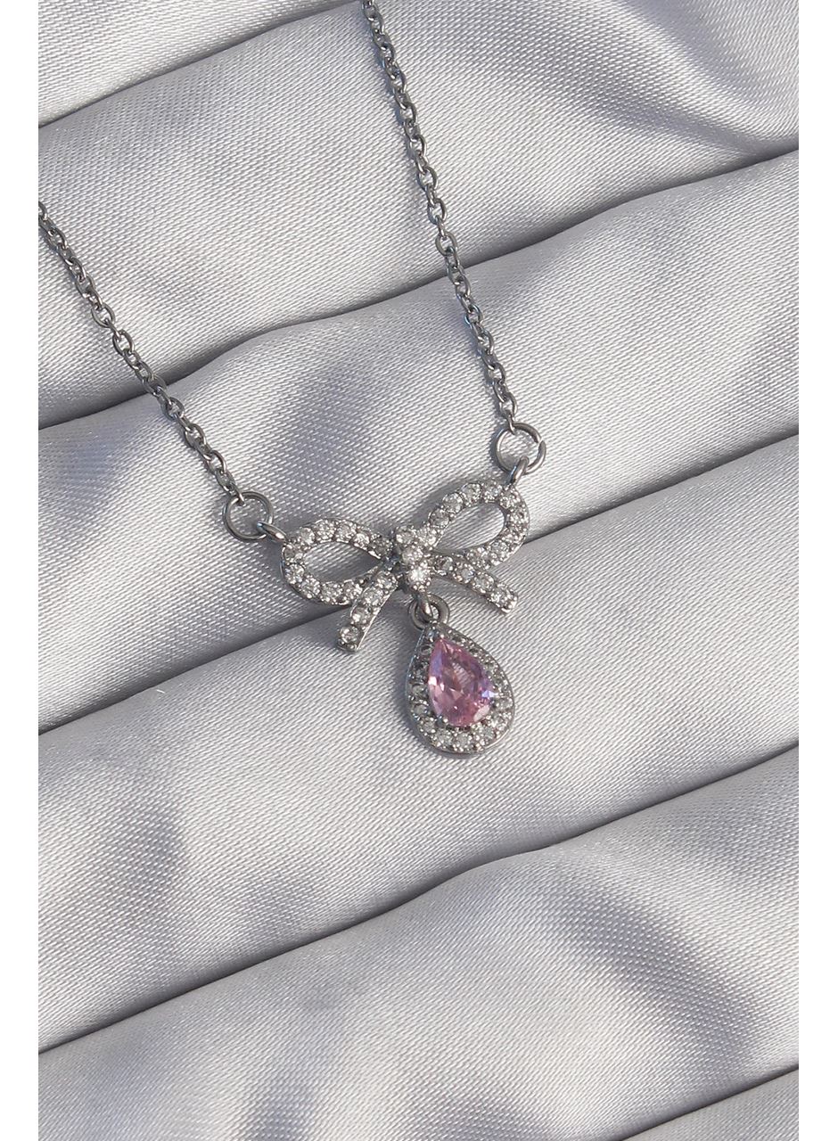 316L Çelik Gümüş Renk Fiyonk Detay Pembe Zirkon Taşlı Damla Kolye