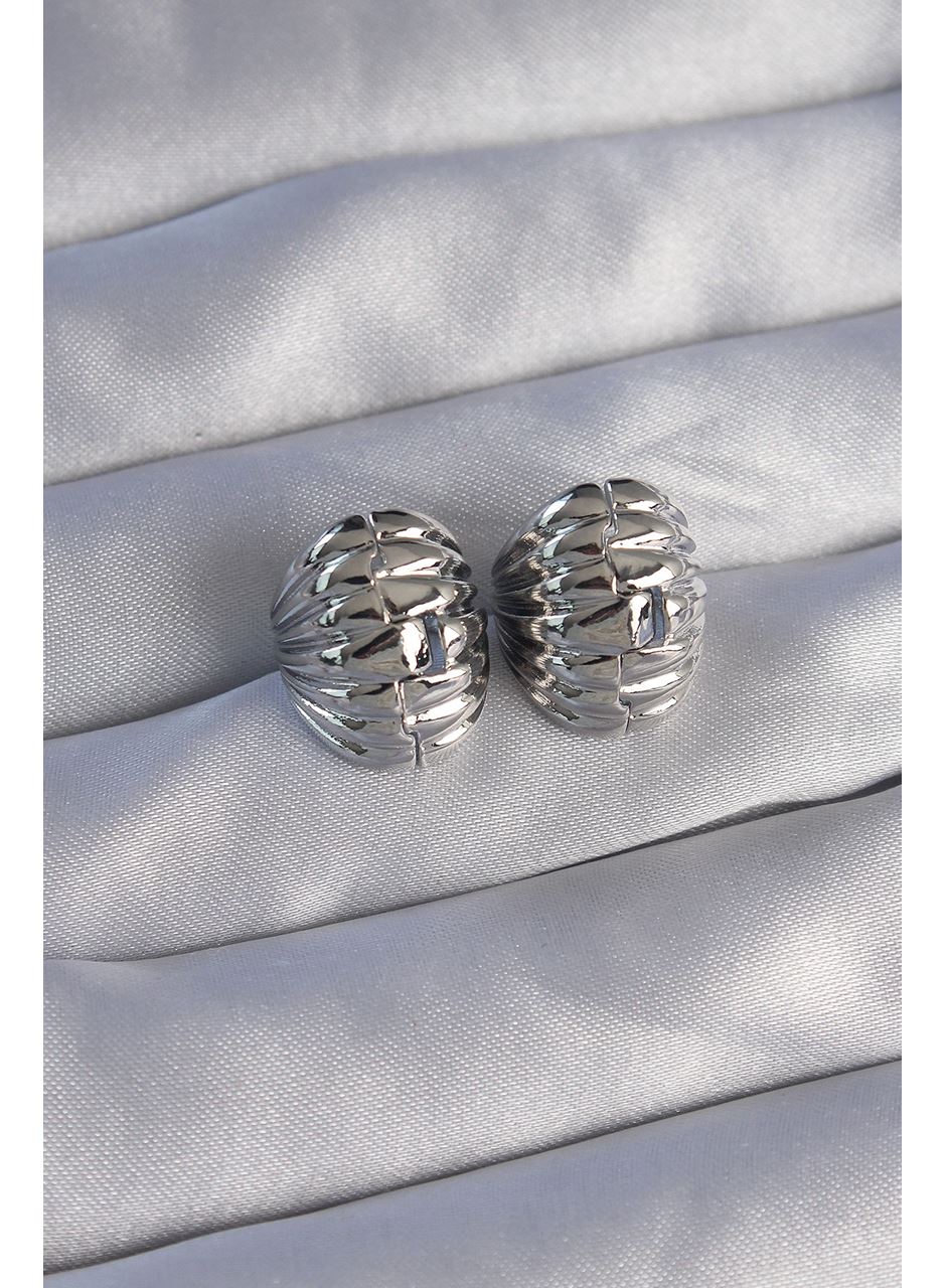 Pirinç Gümüş Renk Tırtıklı Minimal Bombeli Tasarım Küpe