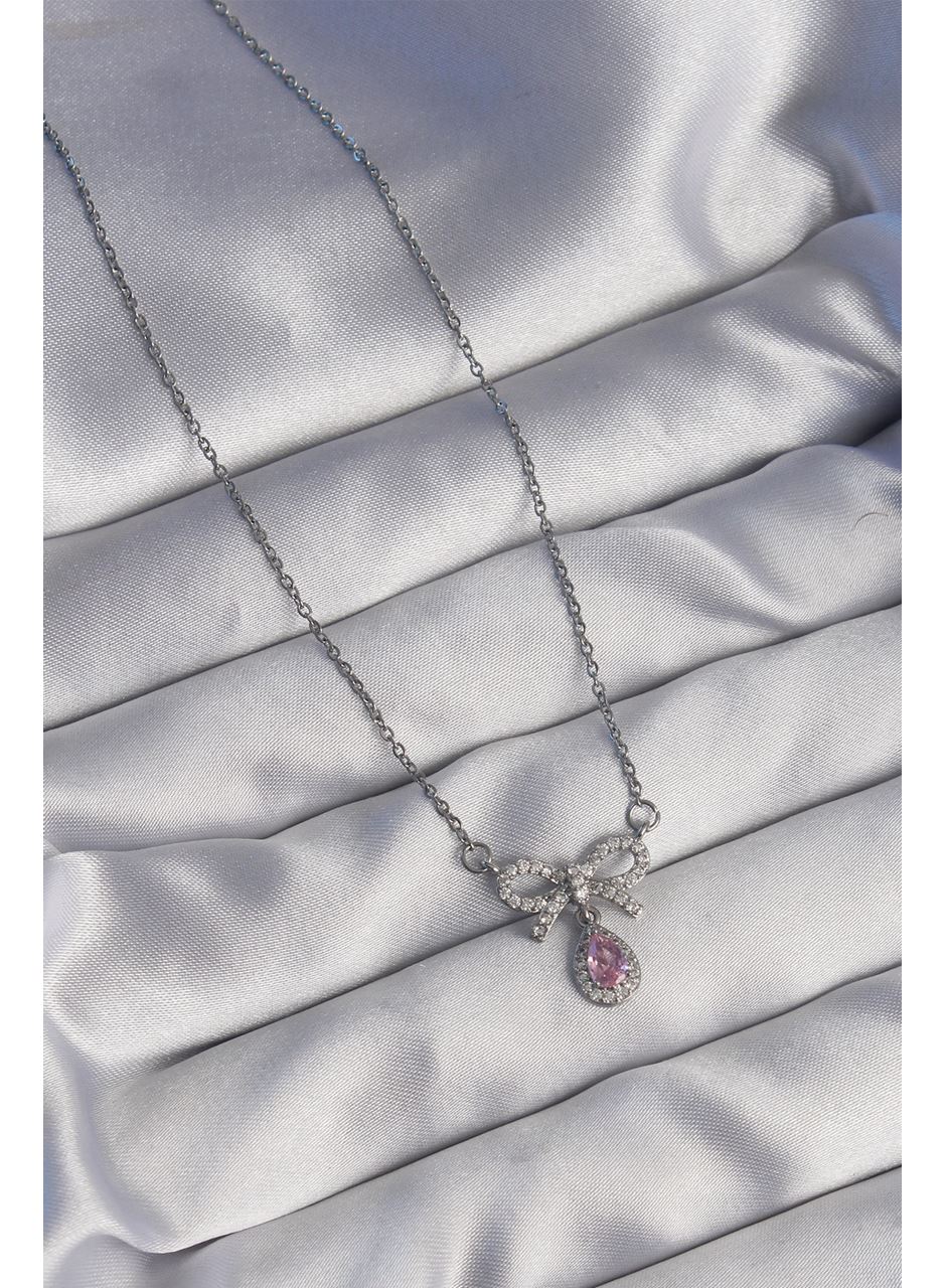 316L Çelik Gümüş Renk Fiyonk Detay Pembe Zirkon Taşlı Damla Kolye