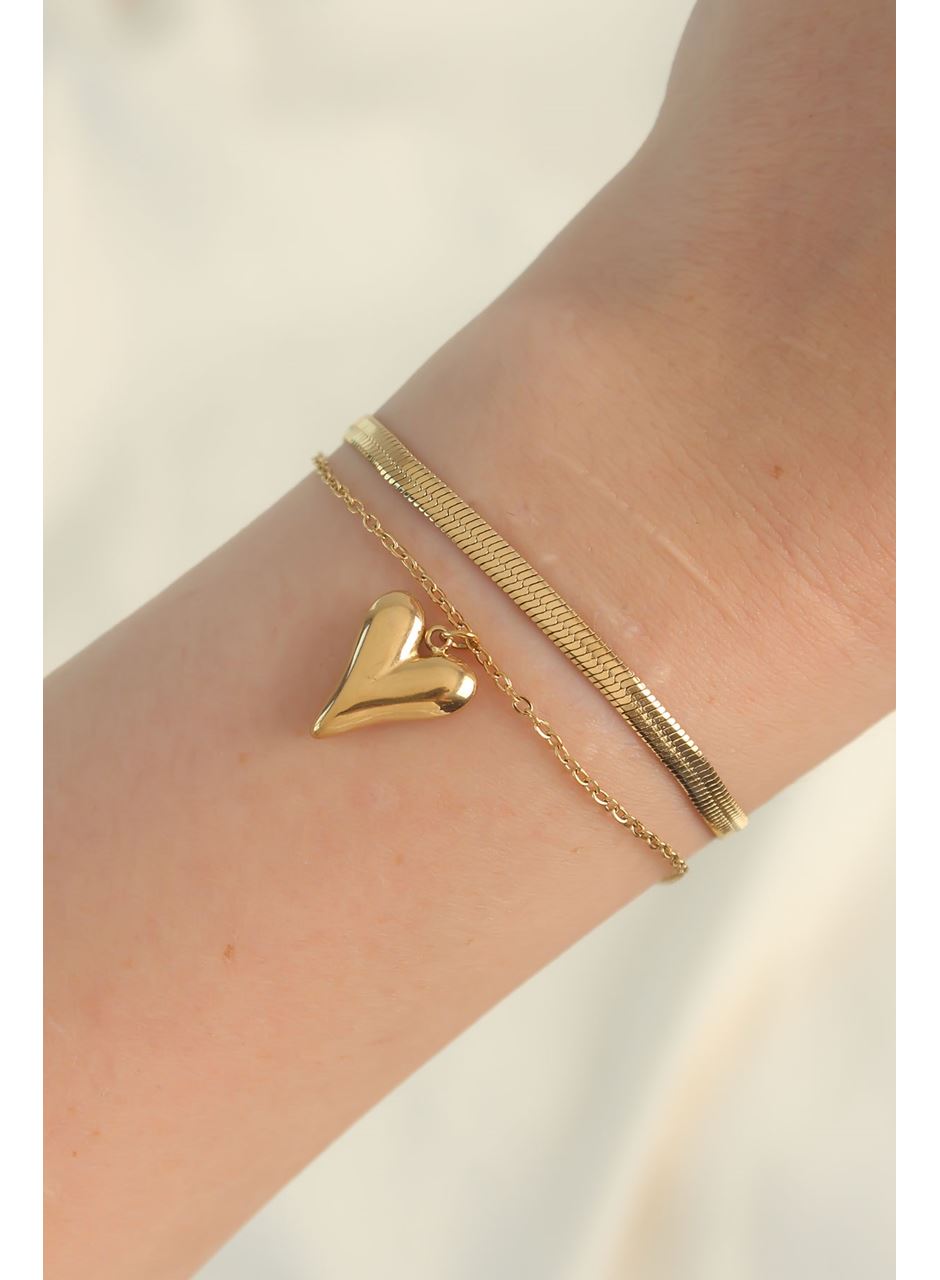 316L Çelik Gold Renk İtalyan Zincirli Kalp Model Bileklik