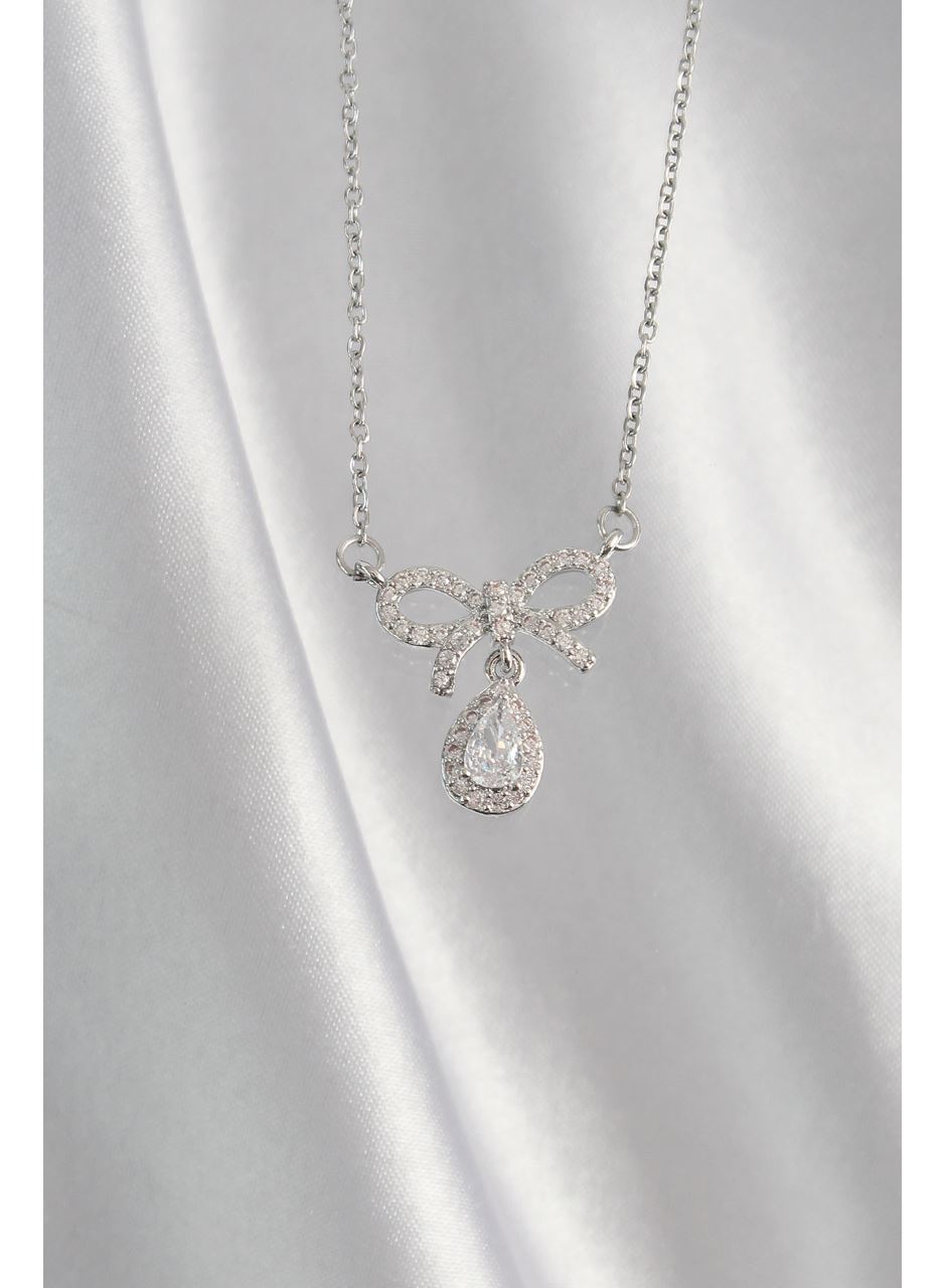 316L Çelik Gümüş Renk Zirkon Taşlı Fiyonk Detay Damla Kolye