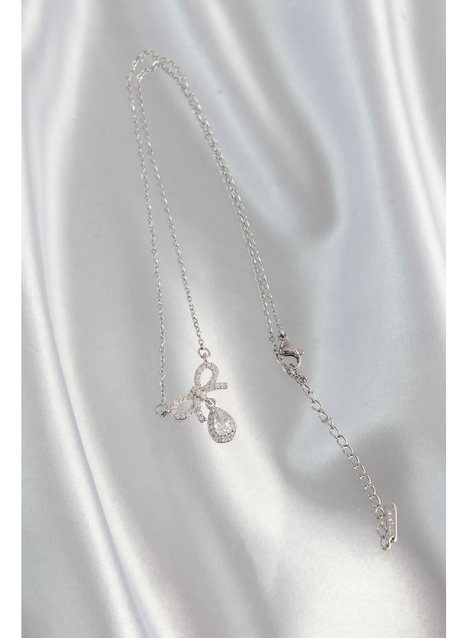 316L Çelik Gümüş Renk Zirkon Taşlı Fiyonk Detay Damla Kolye