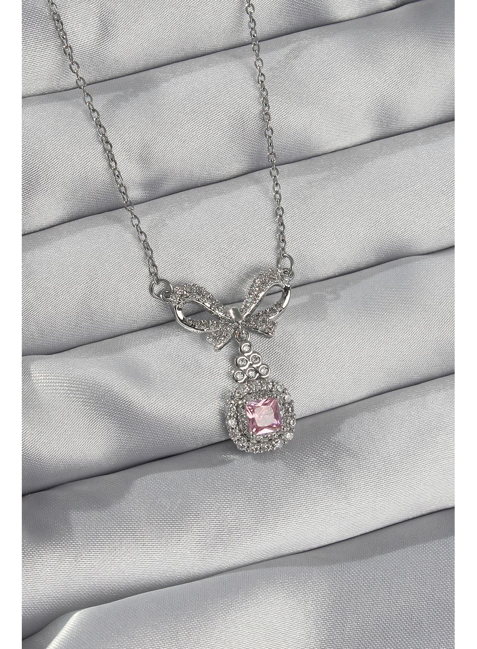316L Çelik Gümüş Renk Fiyonk Detay Pembe Zirkon Taşlı Tektaş Kolye