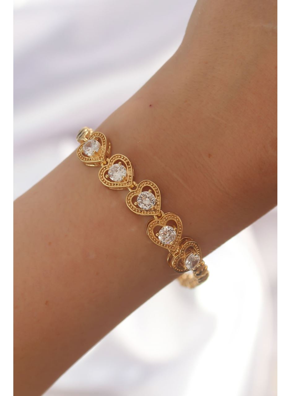 Pirinç Gold Renk İçi Zirkon Taşlı Kalp Figürlü Bileklik