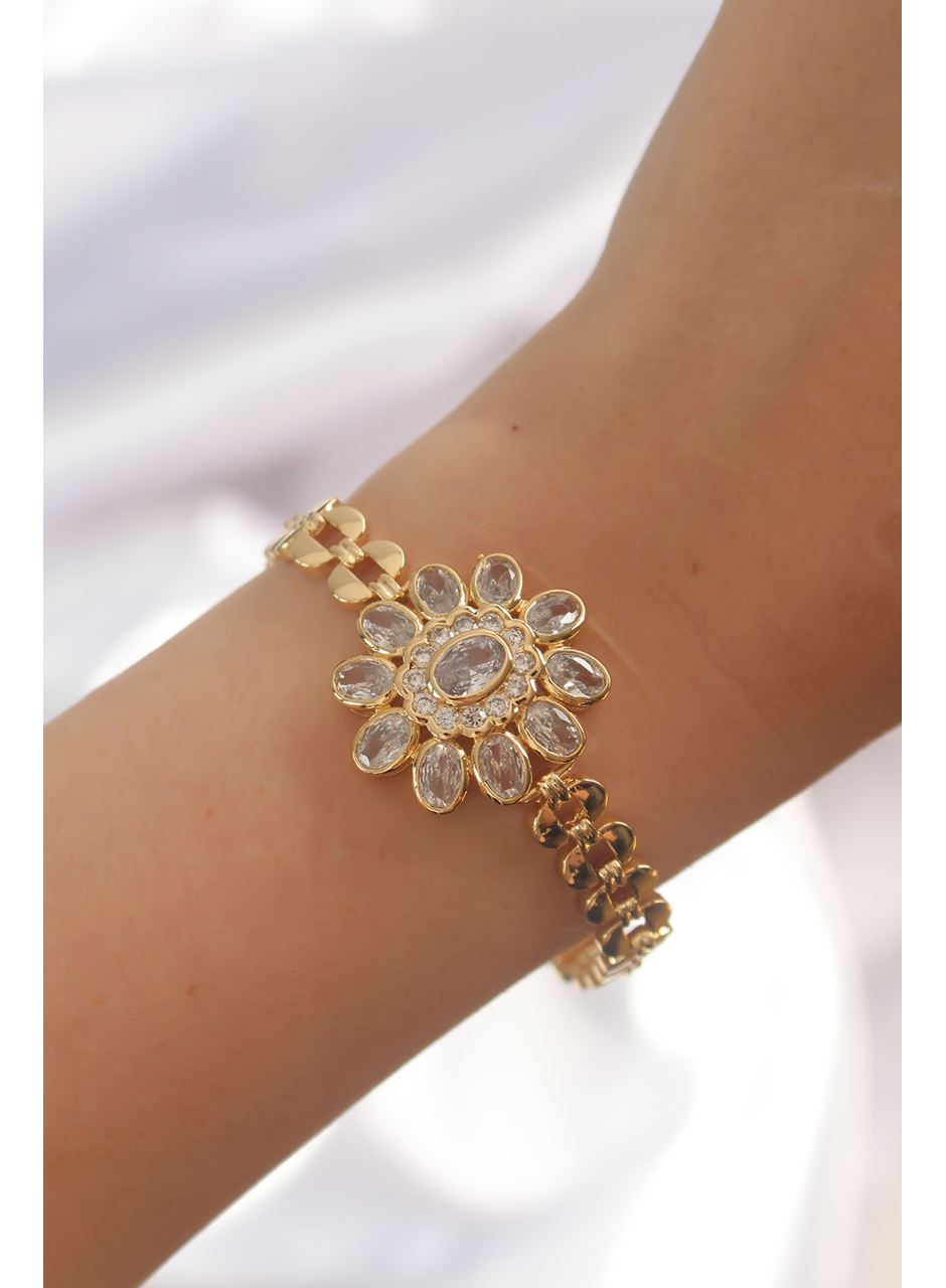 Pirinç Gold Renk İri Zirkon Taşlı Çiçek Figürlü Bileklik