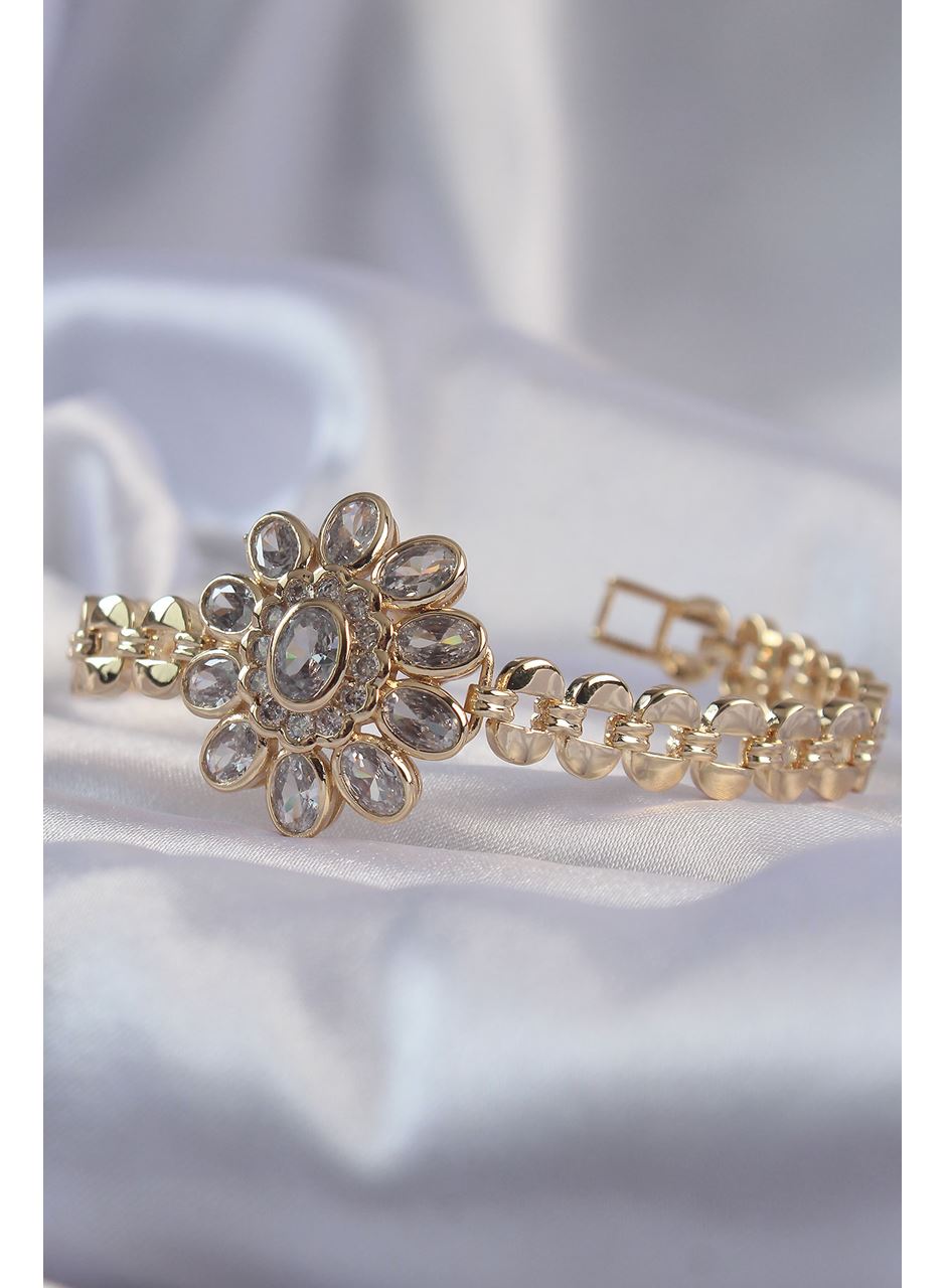 Pirinç Gold Renk İri Zirkon Taşlı Çiçek Figürlü Bileklik