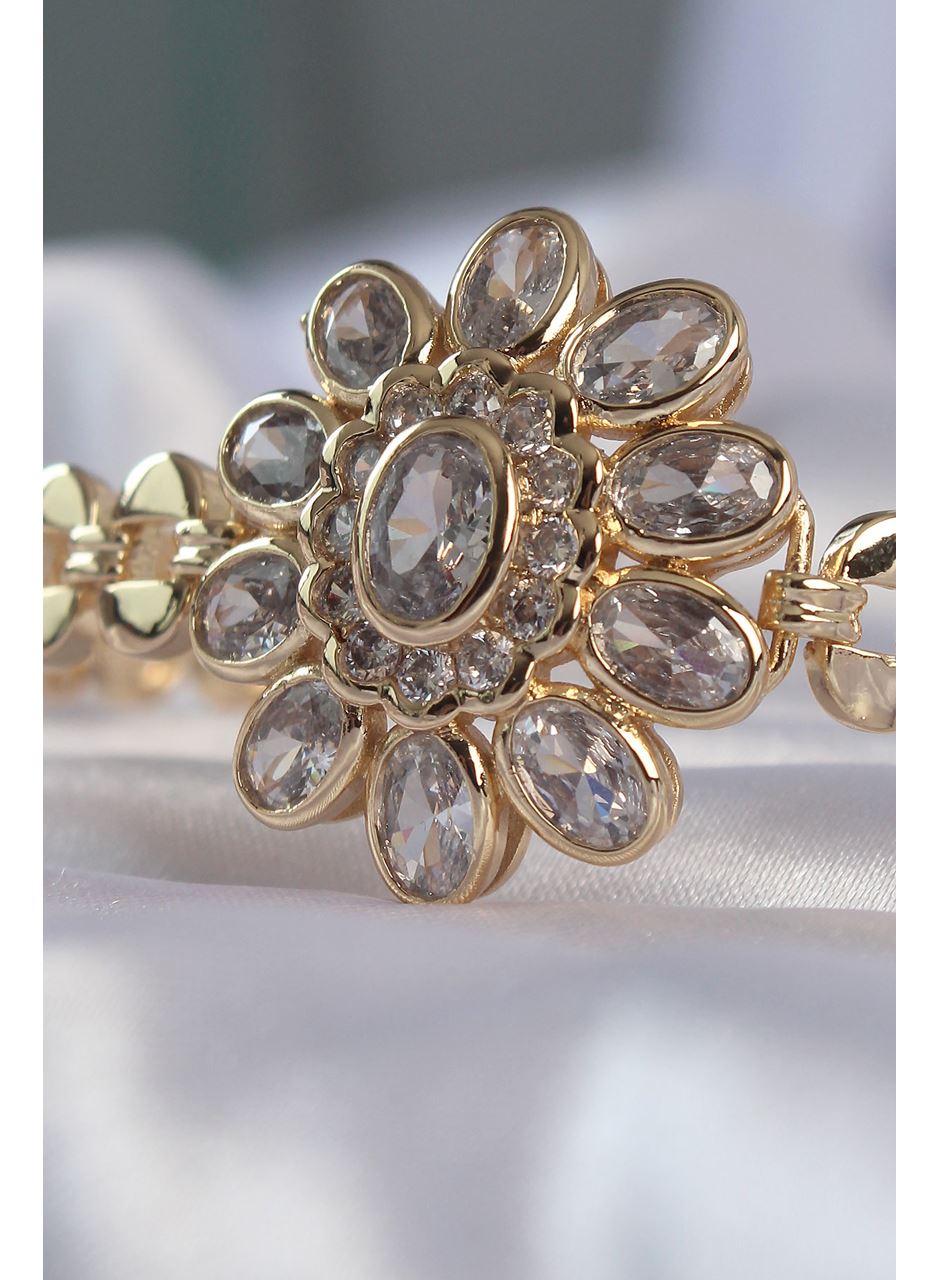 Pirinç Gold Renk İri Zirkon Taşlı Çiçek Figürlü Bileklik