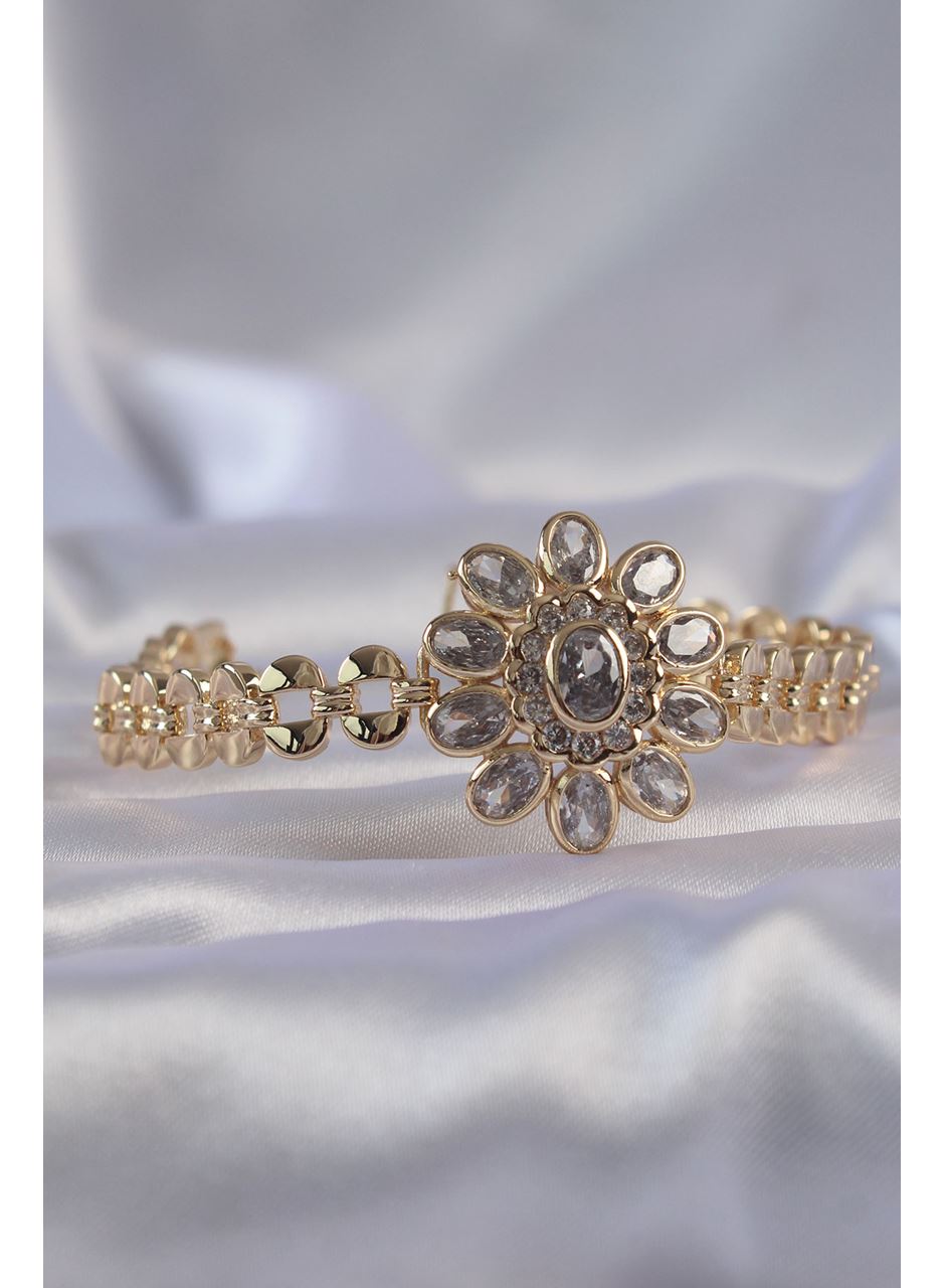 Pirinç Gold Renk İri Zirkon Taşlı Çiçek Figürlü Bileklik