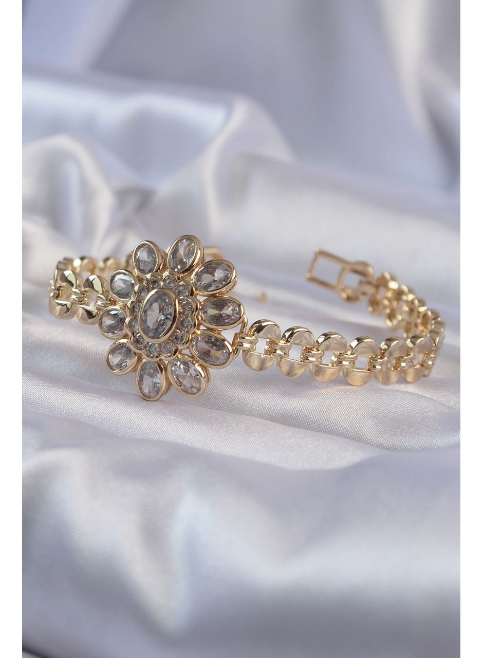 Pirinç Gold Renk İri Zirkon Taşlı Çiçek Figürlü Bileklik