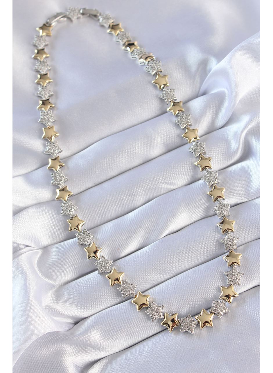 Vip Seri Pirinç Çift Renk Zirkon Taşlı Yıldız Tasarımlı Kolye