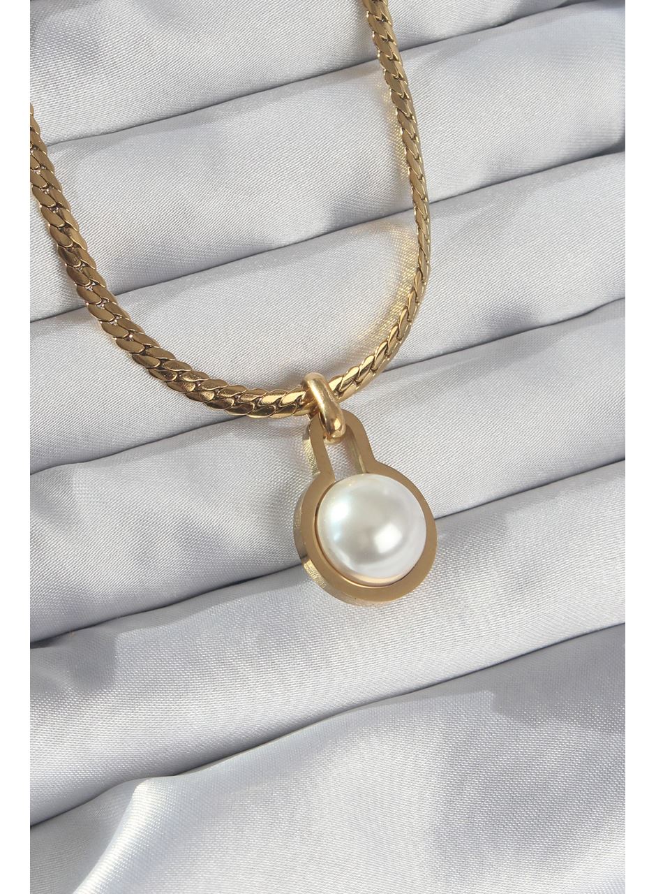 316L Çelik Gold Renk Yassı Zincir İnci Taşlı Kolye