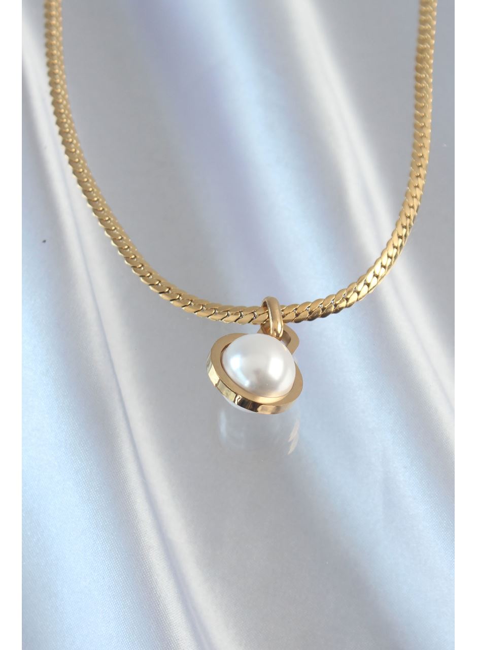 316L Çelik Gold Renk Yassı Zincir İnci Taşlı Kolye