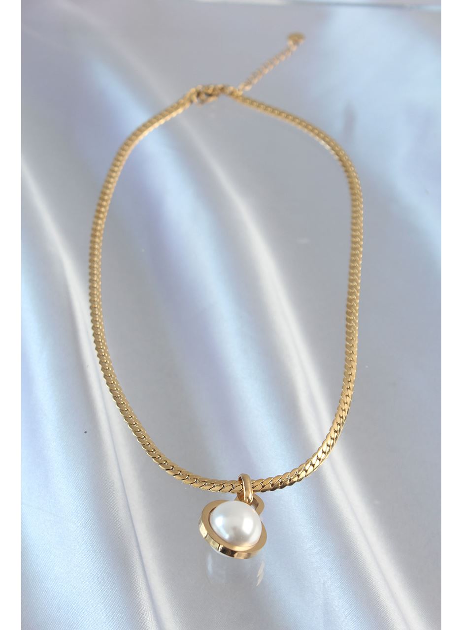 316L Çelik Gold Renk Yassı Zincir İnci Taşlı Kolye