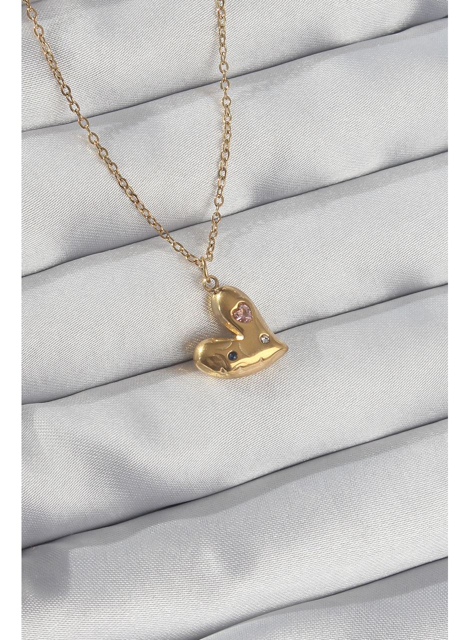 316L Çelik Zincir Gold Renk Renkli Zirkon Taşlı Kalp Kolye