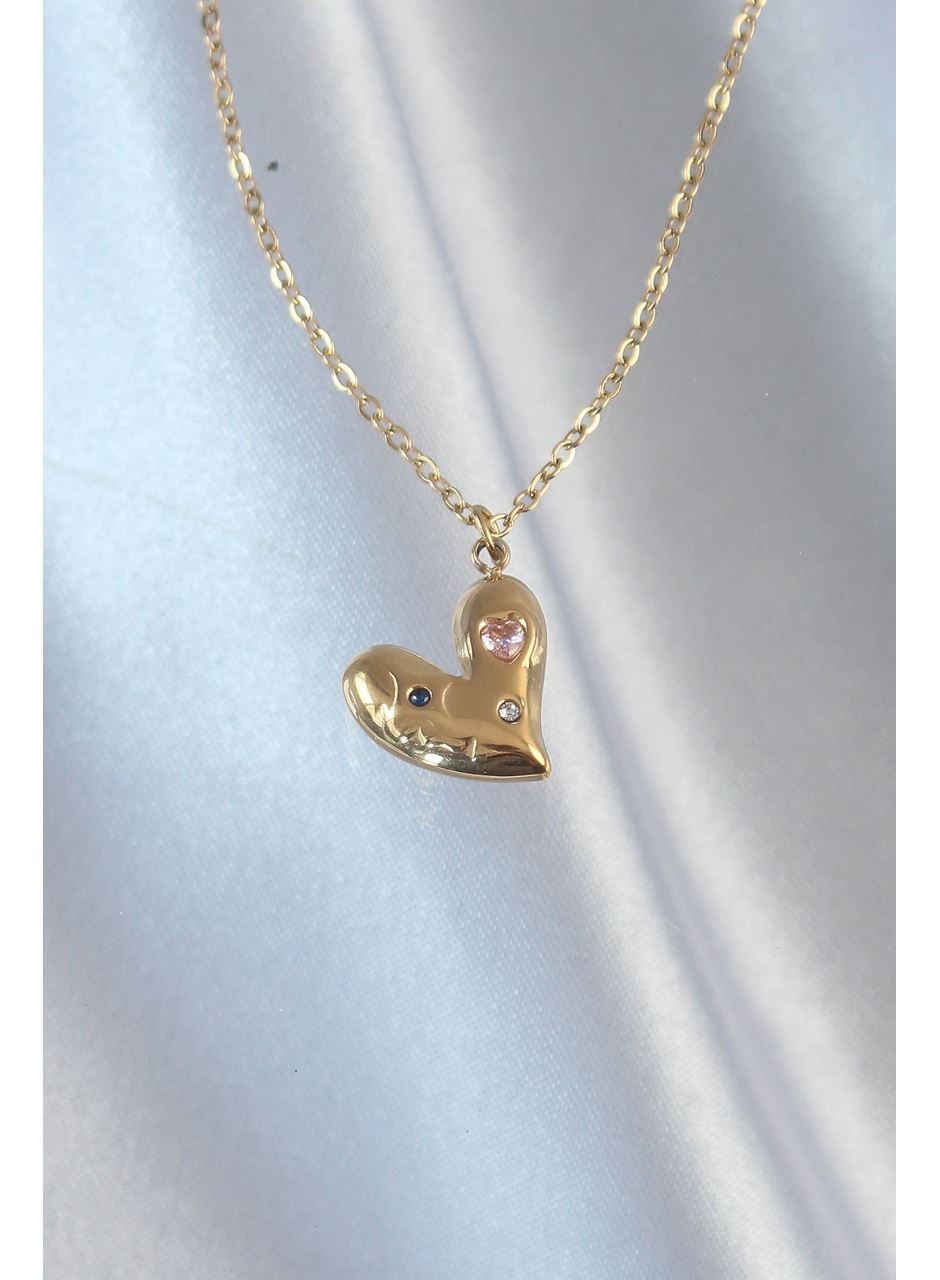 316L Çelik Zincir Gold Renk Renkli Zirkon Taşlı Kalp Kolye