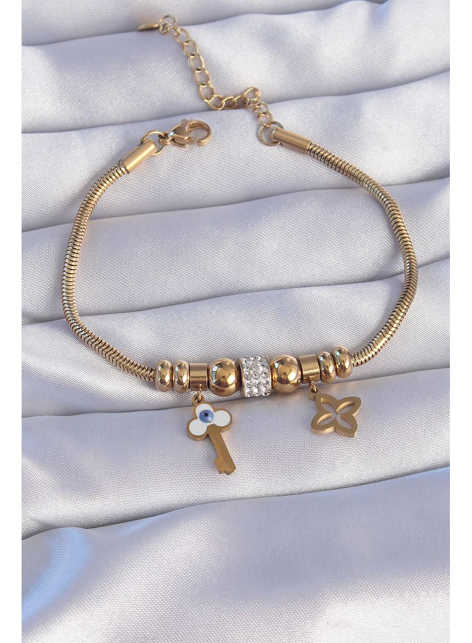 316L Çelik Gold Renk Zirkon Taşlı Yonca Detay Nazarlı Anahtar Tasarımlı Bileklik