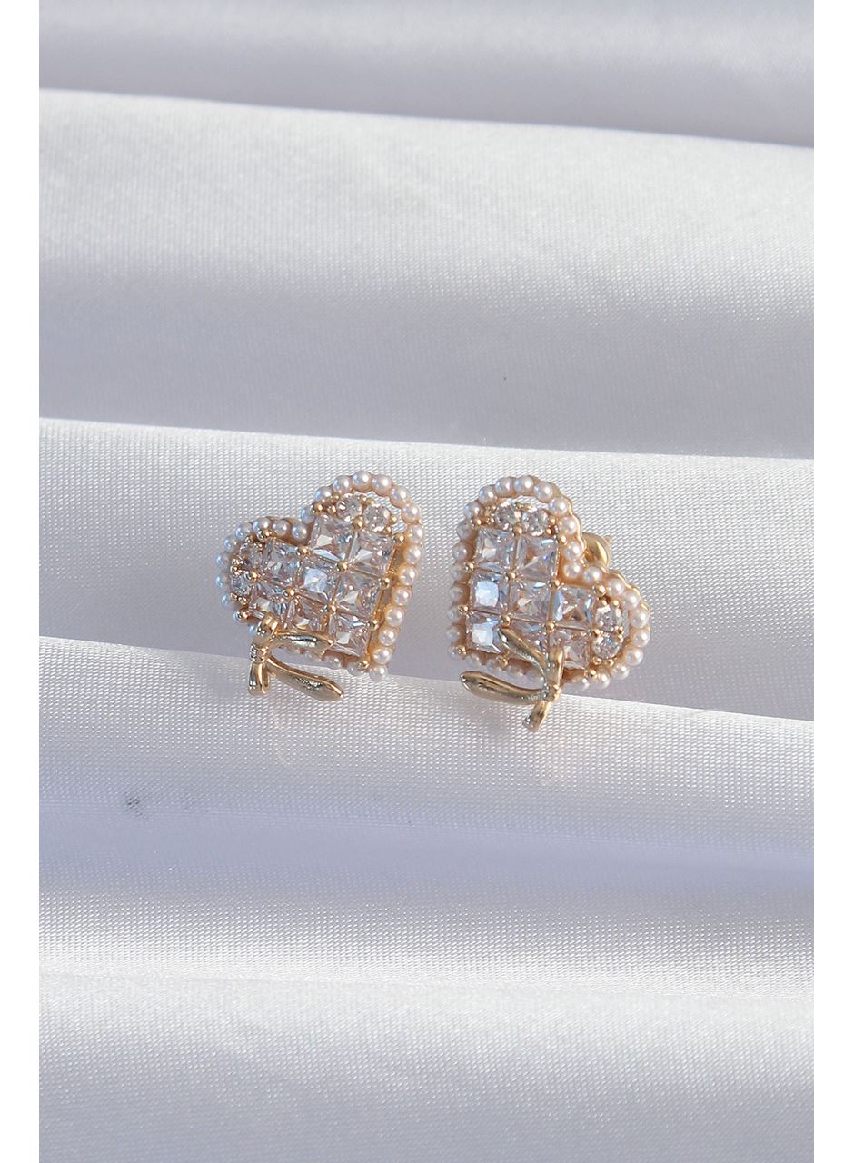 Pirinç Gold Renk Fiyonk Detay İncili Zirkon Taşlı Kalp Küpe