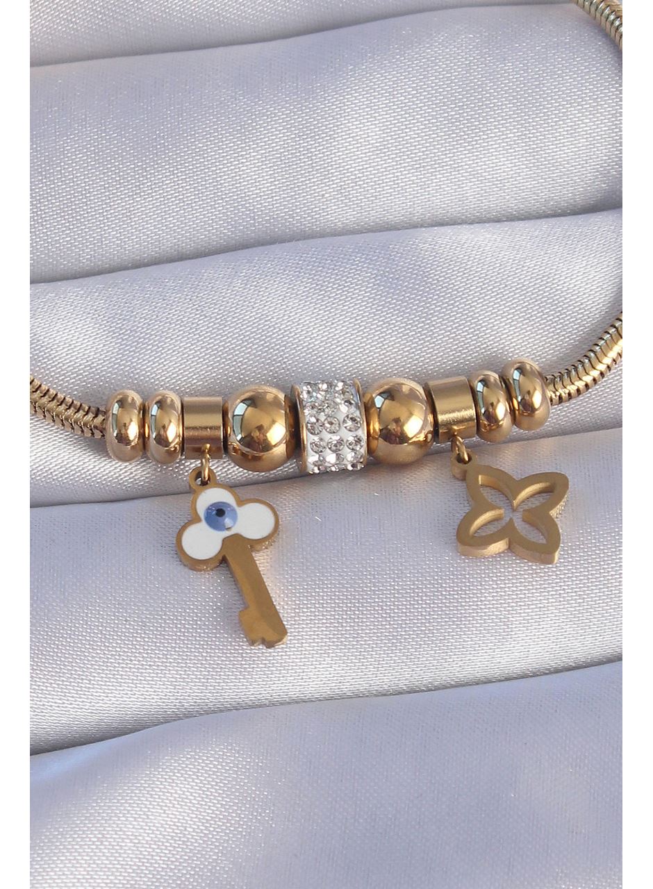 316L Çelik Gold Renk Zirkon Taşlı Yonca Detay Nazarlı Anahtar Tasarımlı Bileklik