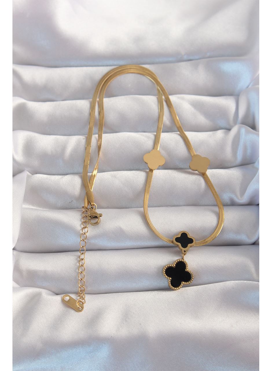 316L Çelik Gold Renk İtalyan Zincirli Mineli Yonca Kolye