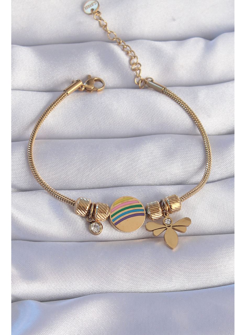 316L Çelik Gold Renk Zirkon Taşlı Gökkuşağı Tasarımlı Yusufçuk Bileklik