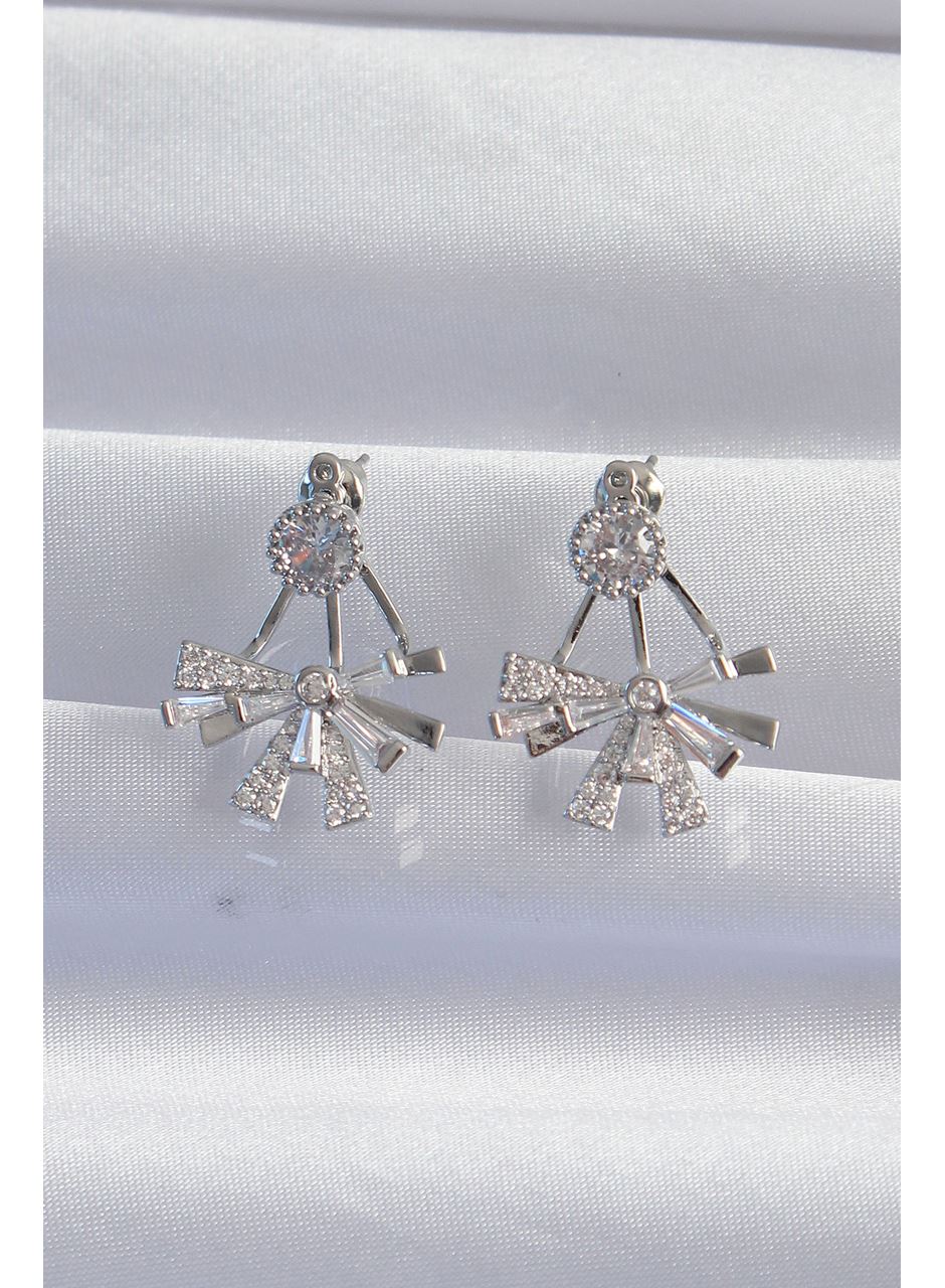 Pirinç Gümüş Renk Zirkon Taşlı Yassı Fiyonk Model Küpe