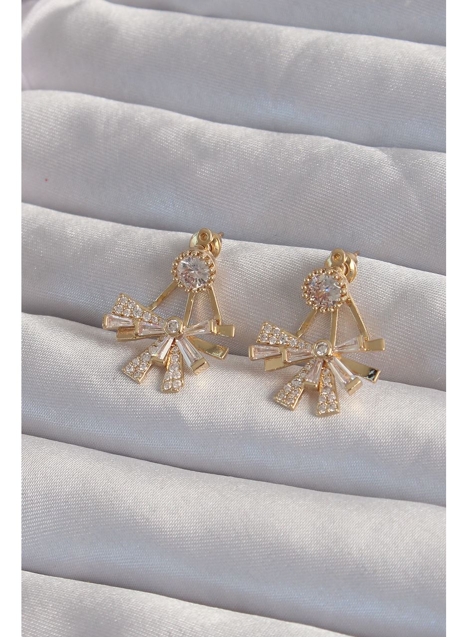 Pirinç Gold Renk Zirkon Taşlı Yassı Fiyonk Model Küpe