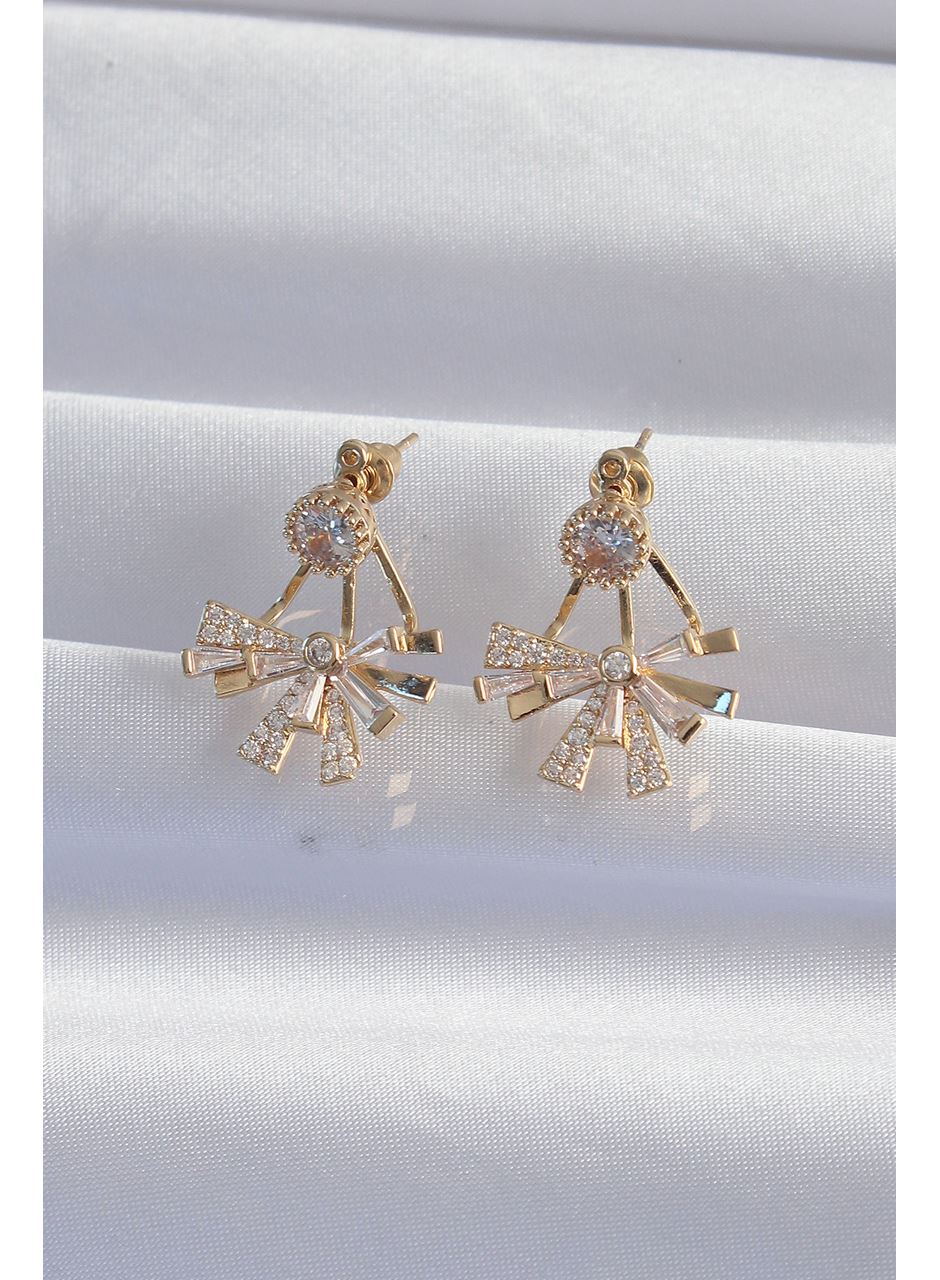 Pirinç Gold Renk Zirkon Taşlı Yassı Fiyonk Model Küpe