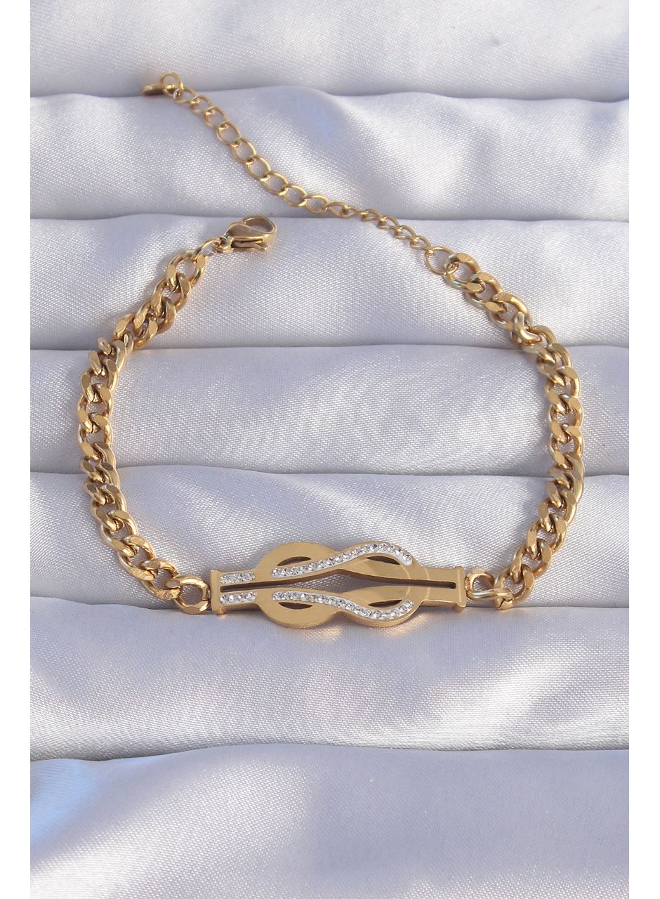 316L Çelik Gold Renk Zirkon Taşlı Kemer Tokası Model Zincir Bileklik