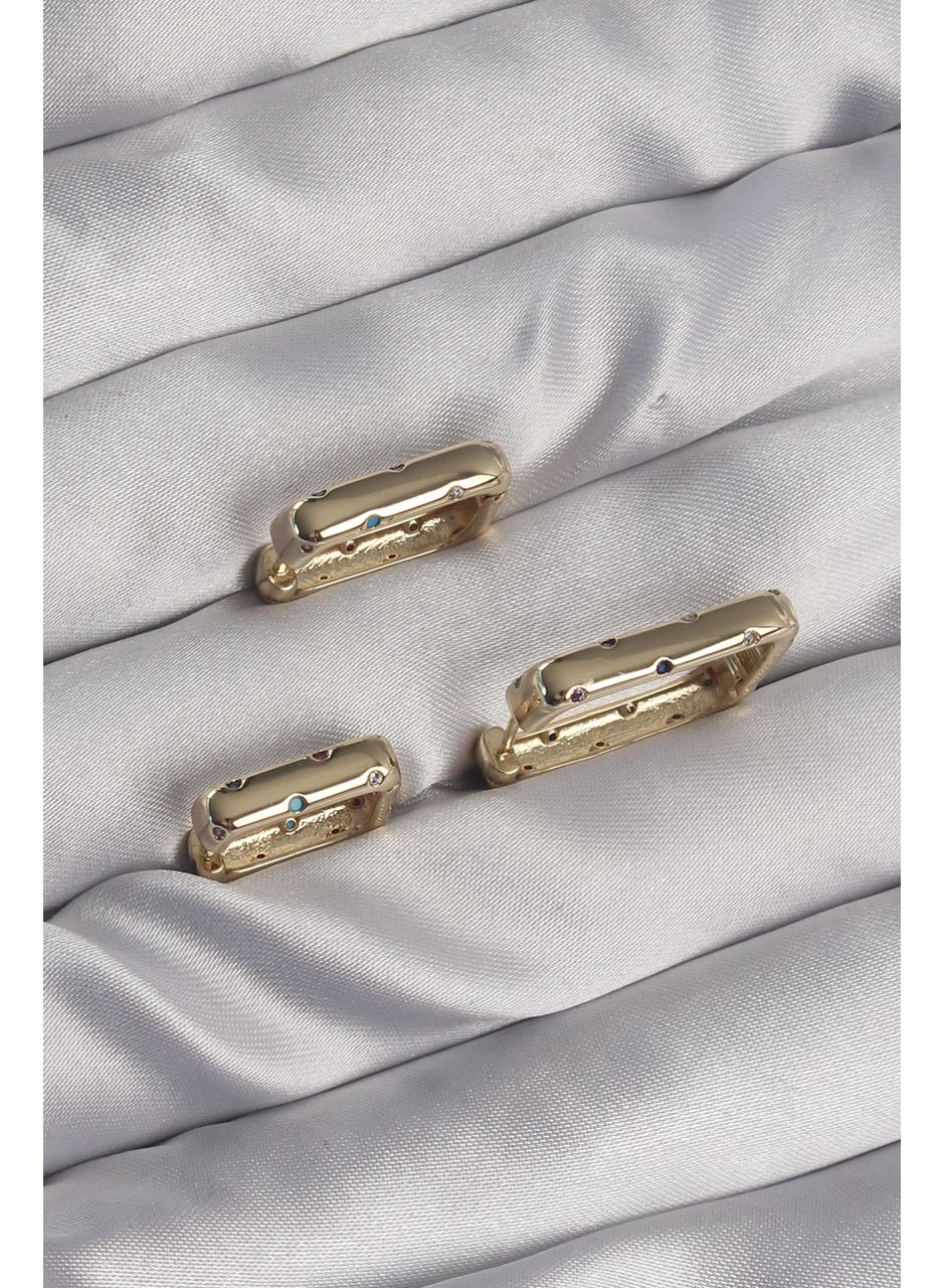 Pirinç Gold Renk Renkli Zirkon Taşlı Kare Model Küpe Seti