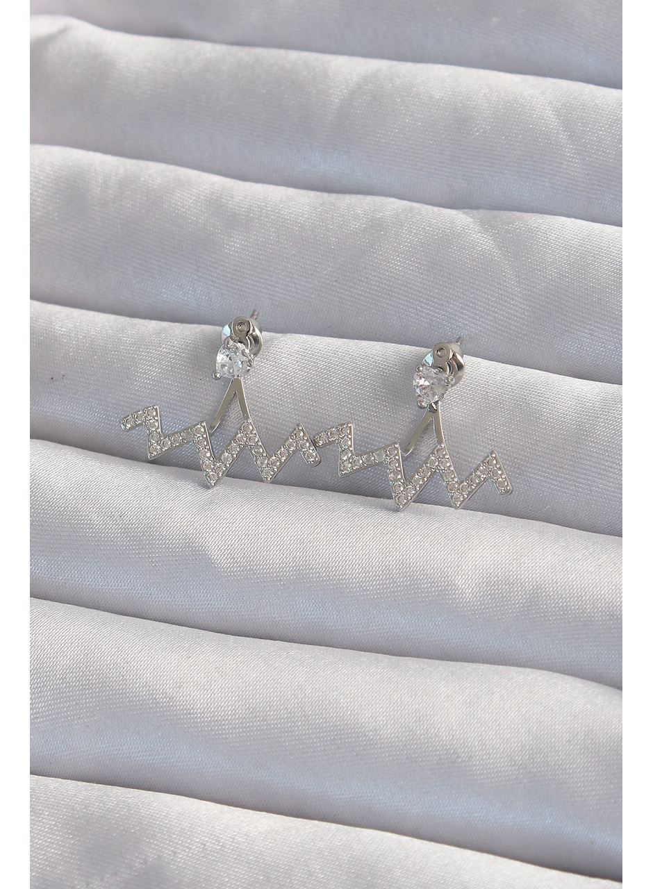 Pirinç Gümüş Renk Zirkon Taşlı Zikzak Küpe