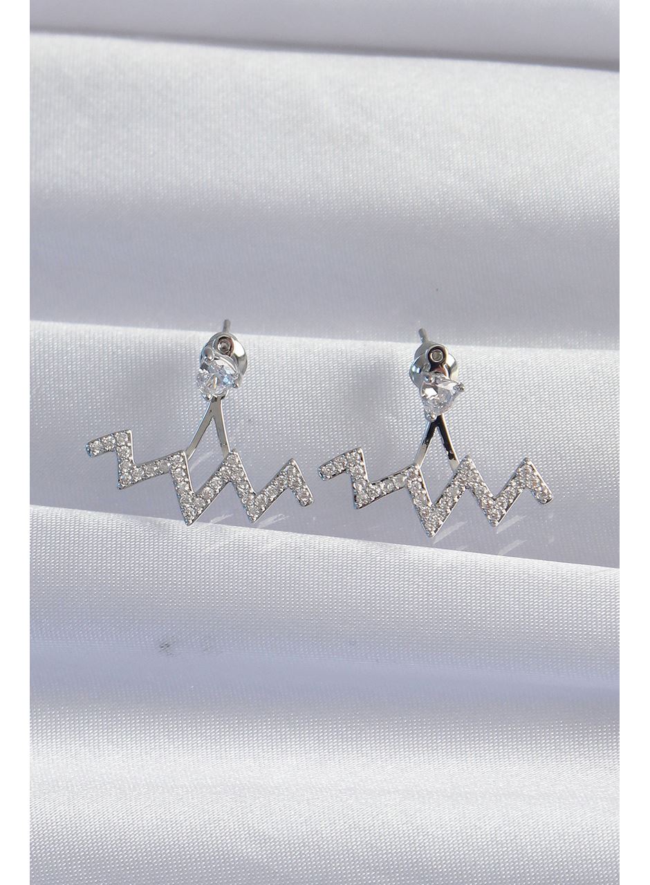 Pirinç Gümüş Renk Zirkon Taşlı Zikzak Küpe