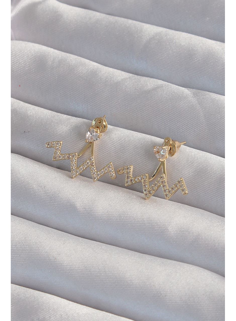 Pirinç Gold Renk Zirkon Taşlı Zikzak Küpe