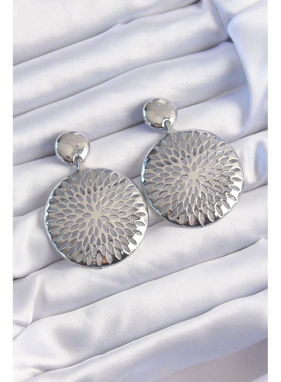 Pirinç Gümüş Renk Oval İşlemeli Küpe