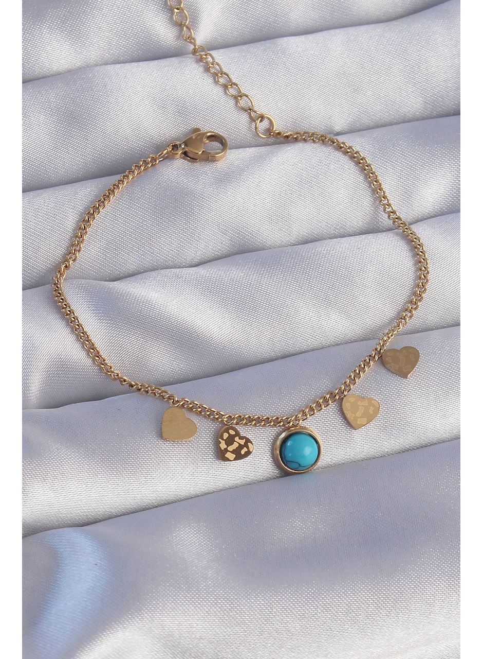 316L Çelik Gold Renk Minimal Kalpli Mavi Taş Detaylı Bileklik