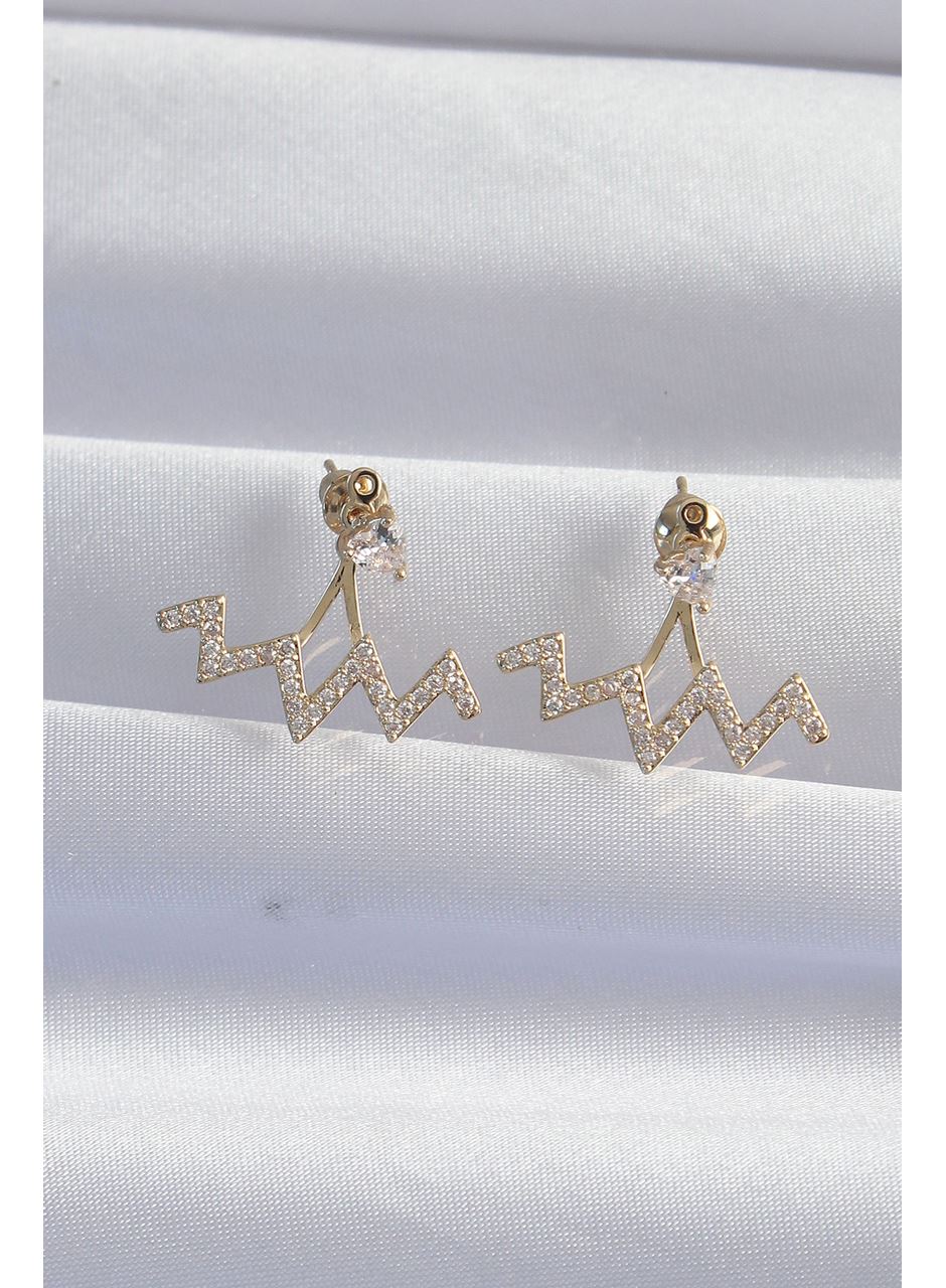 Pirinç Gold Renk Zirkon Taşlı Zikzak Küpe