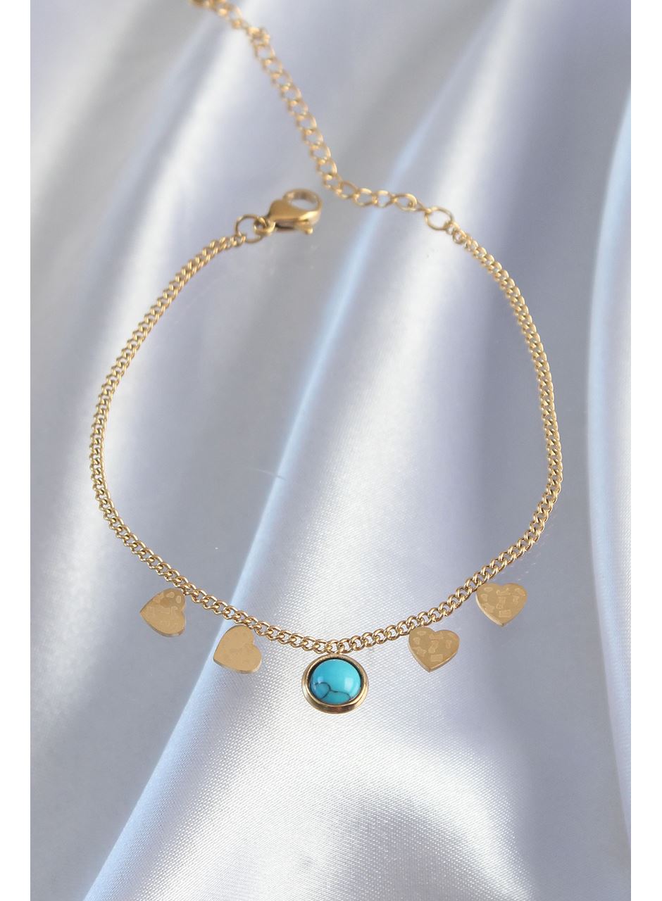 316L Çelik Gold Renk Minimal Kalpli Mavi Taş Detaylı Bileklik