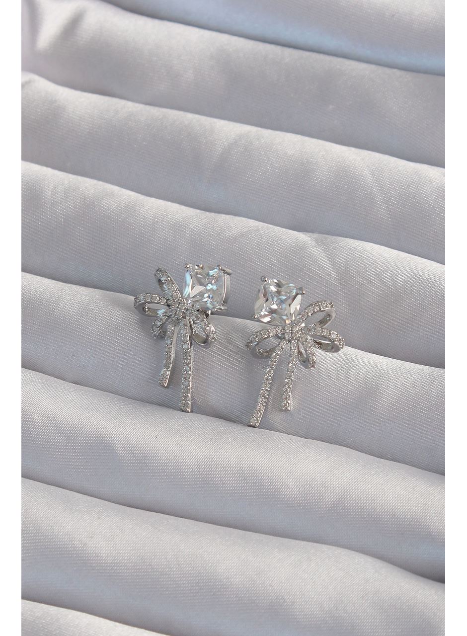 Pirinç Gümüş Renk Kare Zirkon Taşlı Fiyonk Küpe